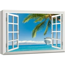 wall26 Canvas Print Wall Art Window View of Tropical Beach Cruise Ship Nature Wilderness Photography Realism Rustic Scenic Colorful Relax/Calm Ultra for Living Room, Bedroom, Office - 32"x48&quo