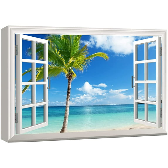 wall26 Canvas Print Wall Art Window View of Tropical Island Beach Paradise Nature Wilderness Photography Modern Art Rustic Scenic Colorful Ultra for Living Room, Bedroom, Office - 32"x48"