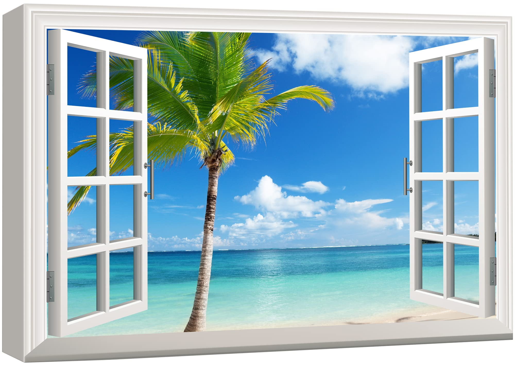 Tropical Beach Window View Framed Canvas Print 24" x 36"