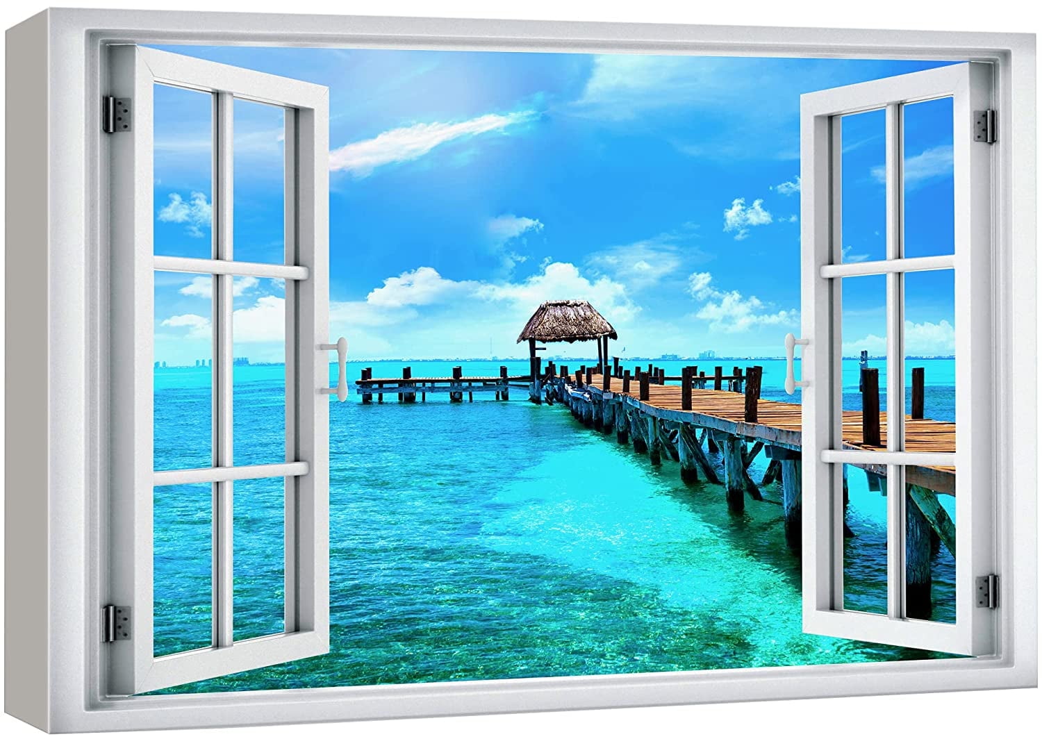 Tropical Island Beach Pier Landscape Canvas Print with Wood Frame