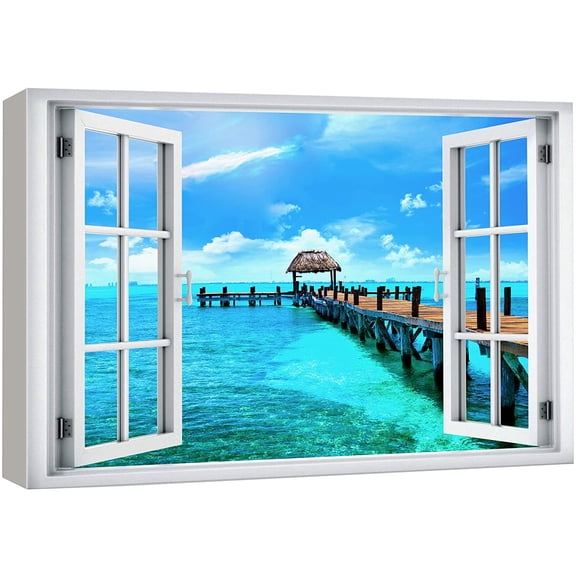 wall26 Canvas Print Wall Art Window View Tropical Island Beach Pier Hawaii Tahiti Wilderness Nature Photography Realism Scenic Landscape Colorful Multicolor for Living Room, Bedroom, Office - 12"