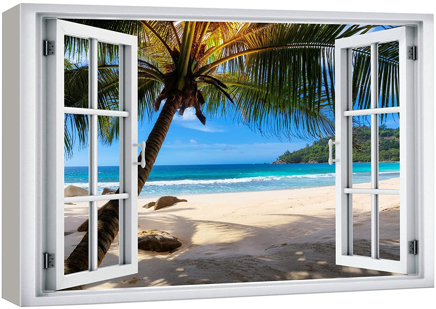 Tropical Beach Window View Framed Canvas Print 24" x 36"