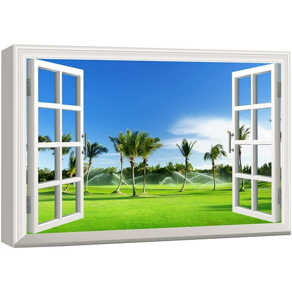 wall26 Canvas Print Wall Art Window View of Tropical Island Golf Course Nature Wilderness Photography Modern Art Rustic Scenic Colorful Ultra for Living Room, Bedroom, Office - 12"x18"