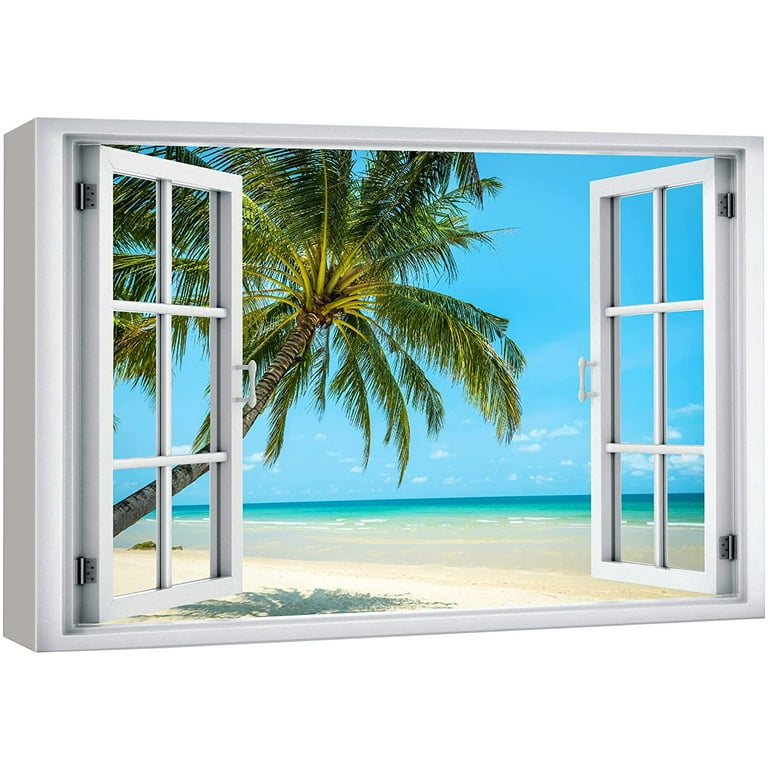 wall26 Canvas Print Wall Art Window View Tropical Palm Tree Beach