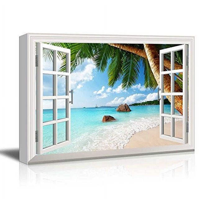 wall26 Canvas Print Wall Art Window View of Tropical Palm Tree & Beach ...