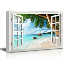 wall26 Canvas Print Wall Art Window View of Tropical Palm Tree & Beach Nature Wilderness Photography Realism Rustic Landscape Colorful Ultra for Living Room, Bedroom, Office - 24"x36"