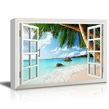 wall26 Canvas Print Wall Art Window View of Tropical Palm Tree & Beach Nature Wilderness Photography Realism Rustic Landscape Colorful Ultra for Living Room, Bedroom, Office - 24"x36"