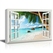 wall26 Canvas Print Wall Art Window View of Tropical Palm Tree & Beach Nature Wilderness Photography Realism Rustic Landscape Colorful Ultra for Living Room, Bedroom, Office - 24x36