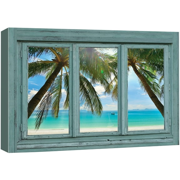 wall26 Canvas Print Wall Art Window View Tropical Palm Tree Beach Paradise Nature Wilderness Photography Modern Art Rustic Scenic Colorful Ultra for Living Room, Bedroom, Office - 24"x36"