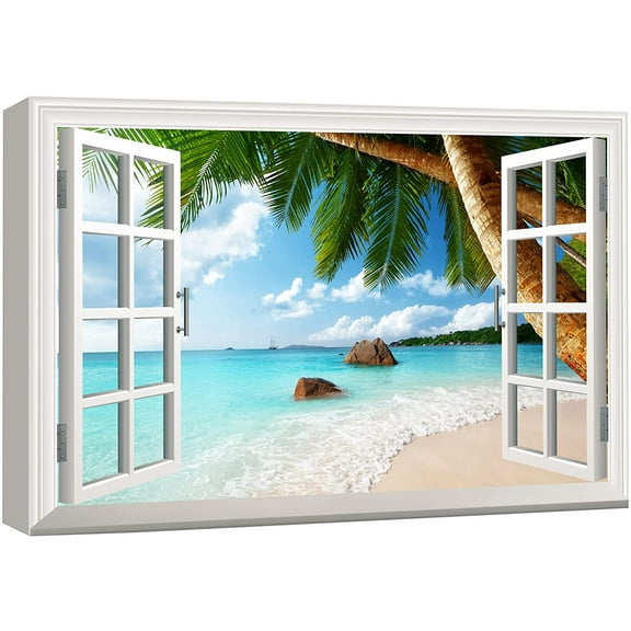 wall26 Canvas Print Wall Art Window View of Tropical Palm Tree &amp; Beach Nature Wilderness Photography Realism Rustic Landscape Colorful Multicolor Ultra for Living Room, Bedroom, Office - 16"