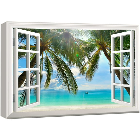 wall26 Canvas Print Wall Art Window View of Tropical Palm Trees &amp; Beach Nature Wilderness Photography Realism Rustic Landscape Colorful Vibrant for Living Room, Bedroom, Office - 24"x36&quot