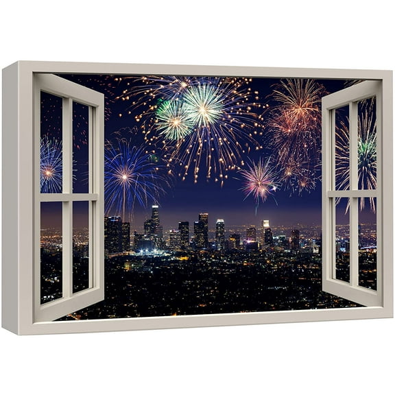 wall26 Canvas Print Wall Art Window View Vibrant 4th of July Firework Sky Celebrations &amp; Holidays Nature Photography Realism Landscape Colorful Multicolor for Living Room, Bedroom, Office - 12&qu