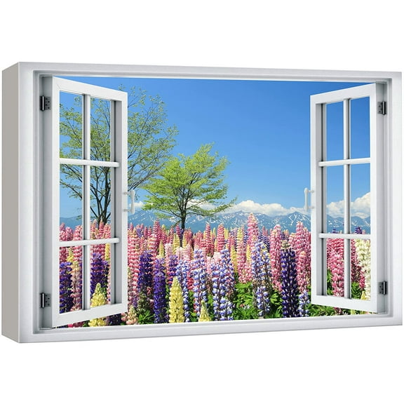 wall26 Canvas Print Wall Art Window View Vibrant Lavender Flower Botanical Field Wilderness Nature Photography Realism Scenic Landscape Colorful Multicolor for Living Room, Bedroom, Office - 16x24