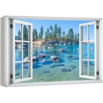 wall26 Canvas Print Wall Art Window View Vibrant Neon Mountain Forest Rock Lake Wilderness Nature Photography Realism Scenic Landscape Colorful Multicolor for Living Room, Bedroom, Office - 24"x