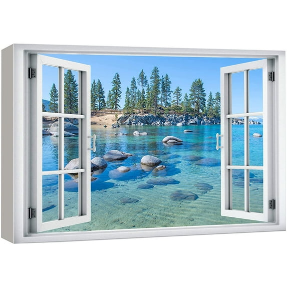 wall26 Canvas Print Wall Art Window View Vibrant Neon Mountain Forest Rock Lake Wilderness Nature Photography Realism Scenic Landscape Colorful Multicolor for Living Room, Bedroom, Office - 24"x