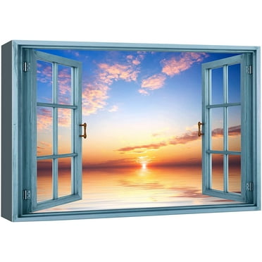 wall26 Canvas Print Wall Art Window View Vibrant Sunset Tropical Ocean Horizon Wilderness Nature Photography Realism Scenic Landscape Colorful Multicolor for Living Room, Bedroom, Office - 24&quot;x3