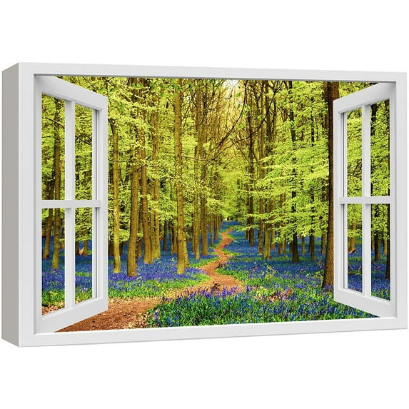 wall26 Canvas Print Wall Art Window View Vibrant Trail Springtime Tree Forest Wilderness Nature Photography Realism Scenic Landscape Colorful Multicolor for Living Room, Bedroom, Office - 24"x36