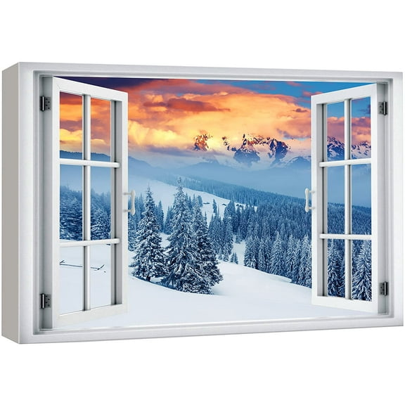 wall26 Canvas Print Wall Art Window View Winter Wonderland Mountain Pine Trees Wilderness Nature Photography Realism Scenic Landscape Colorful Multicolor for Living Room, Bedroom, Office - 16&quot;x2