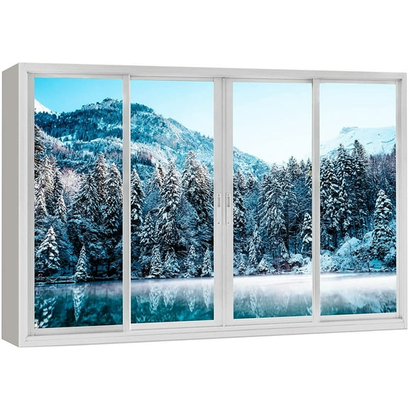 wall26 Canvas Print Wall Art Window View Winter Wonderland Snow Pine Tree Forest Wilderness Nature Photography Realism Scenic Landscape Colorful Multicolor for Living Room, Bedroom, Office - 12"