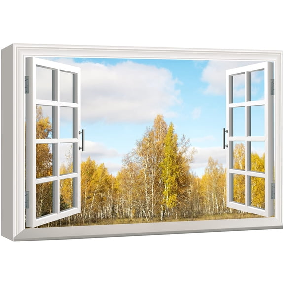 wall26 Canvas Print Wall Art Window View of Yellow Autumn Tree Field Nature Wilderness Photography Realism Rustic Scenic Colorful Relax/Calm Ultra for Living Room, Bedroom, Office - 24"x36"