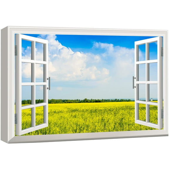 wall26 Canvas Print Wall Art Window View of Yellow Daisies &amp; Trees Nature Wilderness Photography Realism Rustic Scenic Colorful Relax/Calm Ultra for Living Room, Bedroom, Office - 12&quot;x18&quo