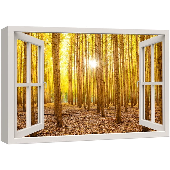 wall26 Canvas Print Wall Art Window View Yellow Leaf Tree Autumn Forest Path Wilderness Nature Photography Realism Scenic Landscape Colorful Multicolor for Living Room, Bedroom, Office - 12"x18&