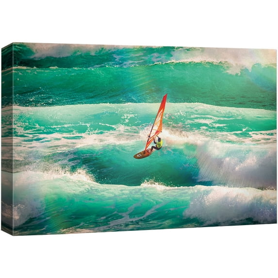 wall26 Canvas Print Wall Art Windsurfer on The Teal Ocean Sports Athletes Photography Realism Contemporary Scenic Urban Multicolor Ultra for Living Room, Bedroom, Office - 16"x24"