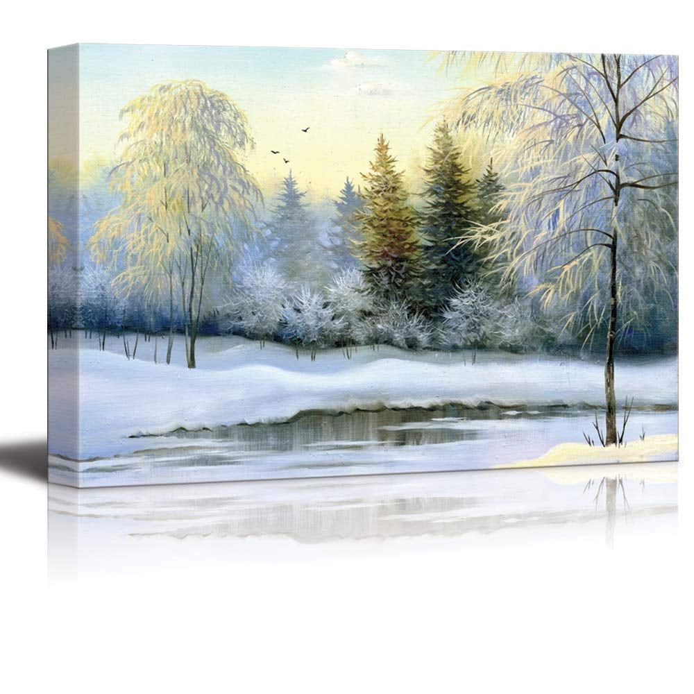 wall26 Canvas Print Wall Art Winter Forest Landscape with Frozen Lake Nature  Wilderness Illustrations Modern Art Rustic Scenic Colorful Multicolor for Living  Room, Bedroom, Office 24quot;x36quot;