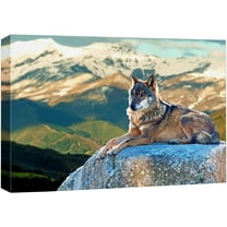 wall26 Canvas Print Wall Art Wolf Sits on Rock Above Mountain Range Animals Wildlife Digital Art Realism Chic Scenic Colorful Nature Wilderness for Living Room, Bedroom, Office - 12"x18"