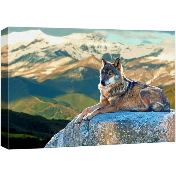 wall26 Canvas Print Wall Art Wolf Sits on Rock Above Mountain Range Animals Wildlife Digital Art Realism Chic Scenic Colorful Nature Wilderness for Living Room, Bedroom, Office - 24"x36"