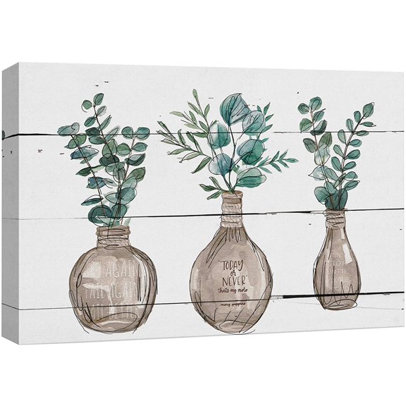 wall26 Canvas Print Wall Art Wood Block Eucalyptus Leaves in Brown Glass Vases Floral Nature Watercolor Minimalism Rustic Scenic Colorful Pastel for Living Room, Bedroom, Office - 16"x24"