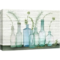 wall26 Canvas Print Wall Art Wood Block Green Forest Leaves in Blue Glass Bottles Floral Nature Watercolor Minimalism Rustic Scenic Colorful Pastel for Living Room, Bedroom, Office - 16"x24&quot