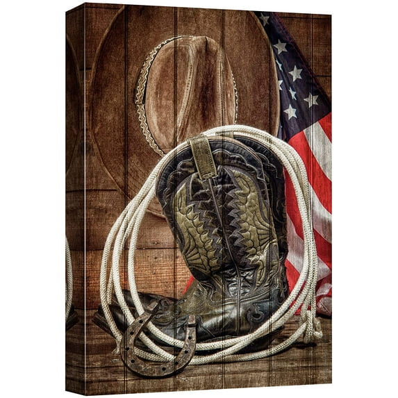 wall26 Canvas Print Wall Art Wood Panel Cowboy Boot Horse Lasso Nature Animals Digital Art Realism Decorative Farmhouse Zen Rustic Multicolor Wildlife for Living Room, Bedroom, Office - 12"x18&q