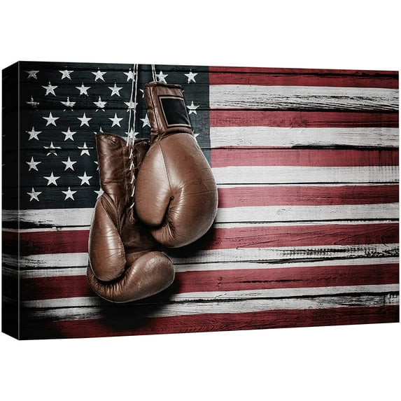 wall26 Canvas Print Wall Art Wood Panel Effect American Flag Vintage Retro Boxing Gloves Sports Fitness Photography Realism Decorative Scenic Multicolor for Living Room, Bedroom, Office - 24x36