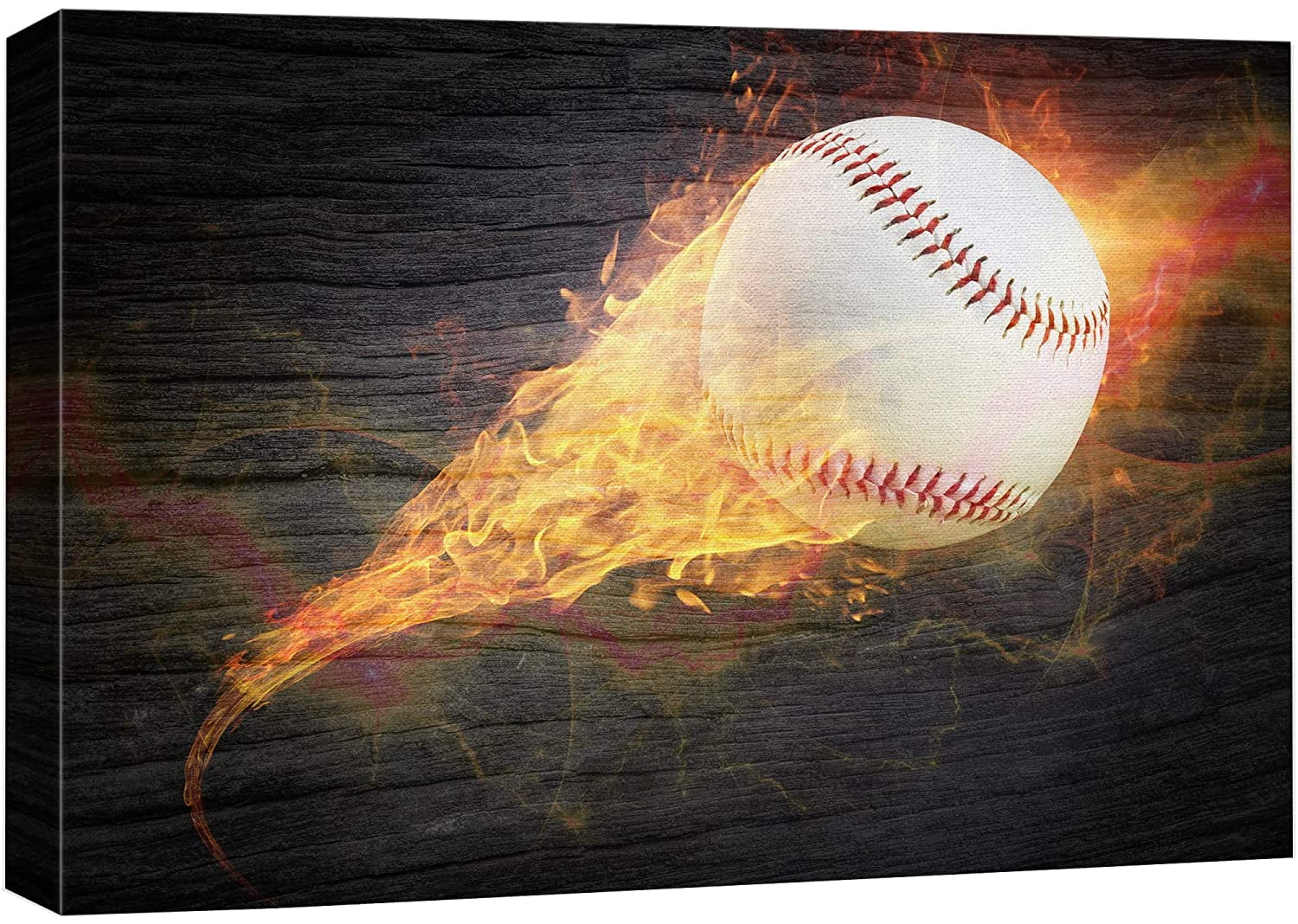 wall26 Canvas Print Wall Art Wood Panel Effect Blazing Fire Spark Baseball  Boys Room Decor Sports Fitness Photography Realism Decorative Scenic  Multicolor for Living Room, Bedroom, Office - 16"x 