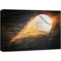wall26 Canvas Print Wall Art Wood Panel Effect Blazing Fire Spark Baseball Boys Room Decor Sports Fitness Photography Realism Decorative Scenic Multicolor for Living Room, Bedroom, Office - 32"x