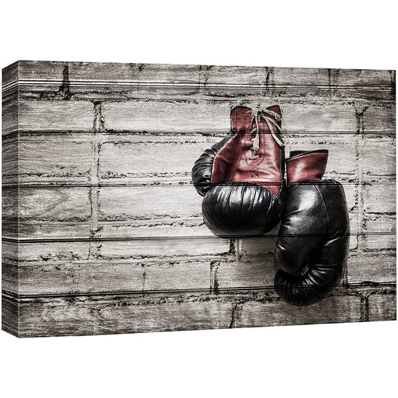 wall26 Canvas Print Wall Art Wood Panel Effect Brick Wall Retro Vintage Boxing Gloves Sports Fitness Photography Realism Decorative Scenic Multicolor for Living Room, Bedroom, Office - 12x18