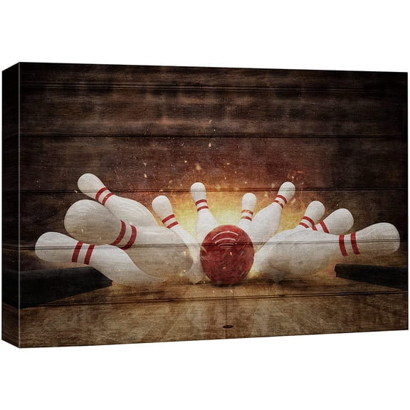 wall26 Canvas Print Wall Art Wood Panel Effect Retro Vintage Bowling Ball Strike Bowling Pin Sports Fitness Photography Realism Decorative Scenic Multicolor for Living Room, Bedroom, Office - 24x36