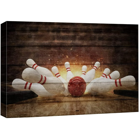 wall26 Canvas Print Wall Art Wood Panel Effect Retro Vintage Bowling Ball Strike Bowling Pin Sports Fitness Photography Realism Decorative Scenic Multicolor for Living Room, Bedroom, Office - 12x18