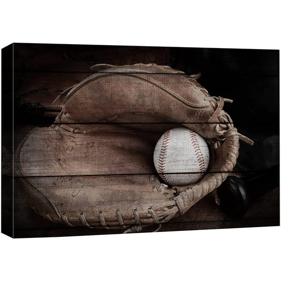 wall26 Canvas Print Wall Art Wood Panel Effect Retro Vintage Catcher's Mitt & Baseball Sports Fitness Photography Realism Decorative Scenic Multicolor for Living Room, Bedroom, Office - 12x18