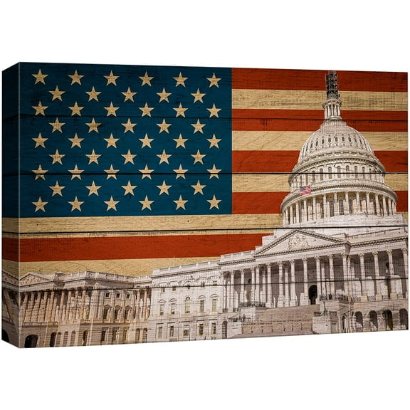 wall26 Canvas Print Wall Art Wood Panel Effect United States Capitol American Flag Cultural Historic Digital Art Modern Art Decorative Global Patriotic for Living Room, Bedroom, Office - 16x24