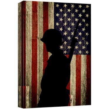 wall26 Canvas Print Wall Art Wood Panel Silhouette of American Soldier &amp; Flag Pop Culture Cultural Digital Art Modern Art Traditional Colorful for Living Room, Bedroom, Office - 12&quot;x18&quot;