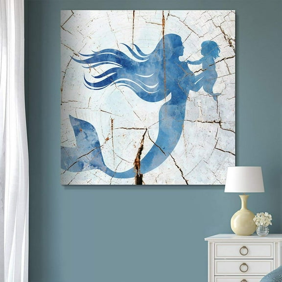 wall26 Canvas Print Wall Art Wood Ring Effect Blue Mermaid Silhouette Animals Wildlife Wood Panels Modern Art Farmhouse/Country Expressive Multicolor Warm for Living Room, Bedroom, Office - 12"x