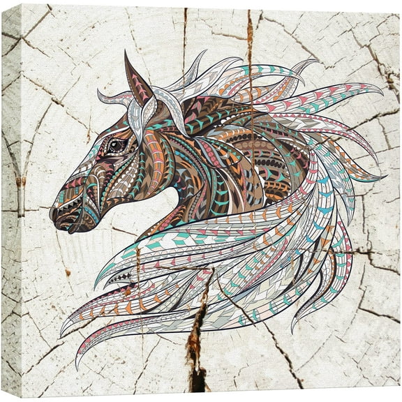 wall26 Canvas Print Wall Art Wood Ring Effect Tribal Pattern Horse Animals Wildlife Wood Panels Modern Art Farmhouse/Country Expressive Multicolor Warm for Living Room, Bedroom, Office - 16"x16&
