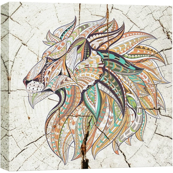 wall26 Canvas Print Wall Art Wood Ring Effect Tribal Pattern Lion Animals Wildlife Wood Panels Modern Art Farmhouse/Country Expressive Multicolor Warm for Living Room, Bedroom, Office - 24"x24&q