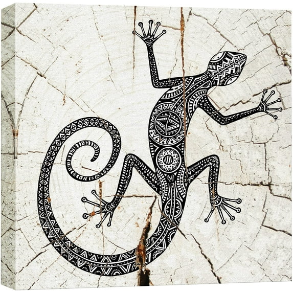 wall26 Canvas Print Wall Art Wood Ring Effect Tribal Pattern Lizard Animals Wildlife Wood Panels Modern Art Farmhouse/Country Expressive Multicolor Warm for Living Room, Bedroom, Office - 16"x16