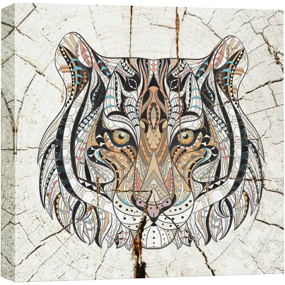wall26 Canvas Print Wall Art Wood Ring Effect Tribal Pattern Tiger Animals Wildlife Wood Panels Modern Art Farmhouse/Country Expressive Multicolor Warm for Living Room, Bedroom, Office - 16"x16&
