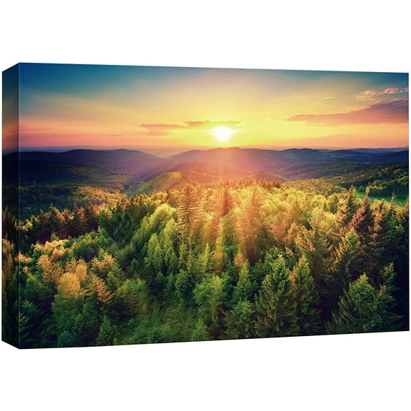 wall26 Canvas Print Wall Art Yellow and Orange Sunrise Over Purple Mountain and Forest Nature Floral Photography Realism Rustic Colorful Multicolor Ultra for Living Room, Bedroom, Office - 24"x3