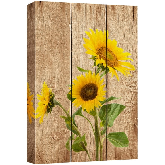 wall26 Canvas Print Wall Art Yellow Sunflower Trio on Wood Panels Nature Wilderness Digital Art Realism Chic Colorful Multicolor Ultra for Living Room, Bedroom, Office - 32"x48"