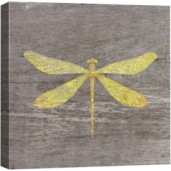 wall26 Canvas Print Wall Art Yellow Wood Effect Dragonfly Nature Plants Wood Panels Modern Art Farmhouse/Country Colorful Multicolor Warm for Living Room, Bedroom, Office - 12"x12"